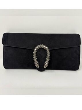 Gucci Black Suede Dionysus Clutch Evening Bag Silver Jeweled Tiger Head Italy